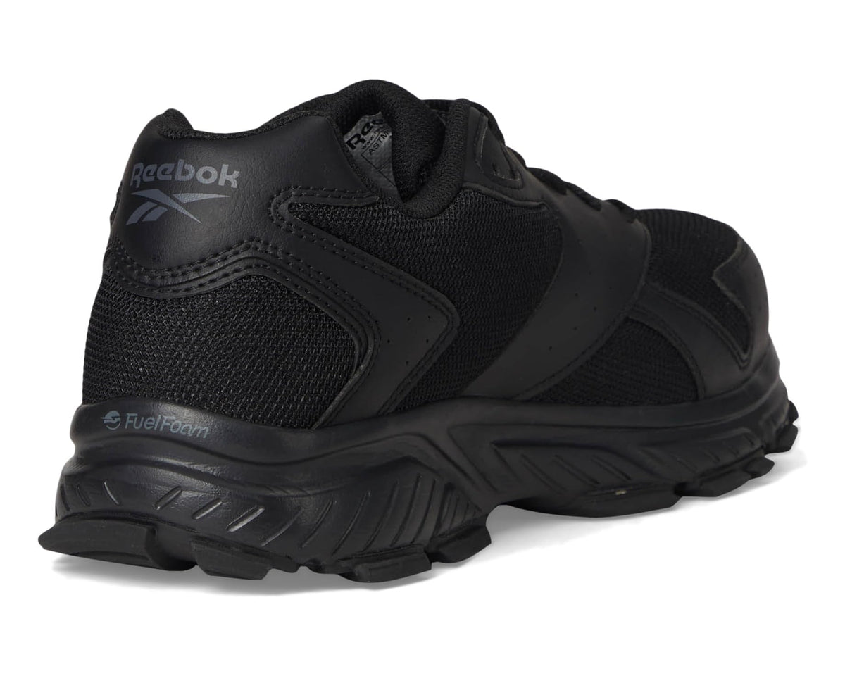 Men's black Reebok work shoe with heel tab, lace-up mesh upper, and thick protective sole