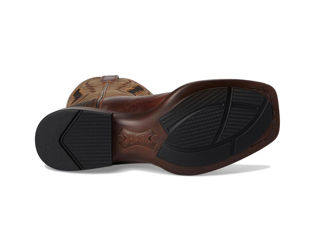 Men's brown cowboy boots with patterned outsole and stacked heel view