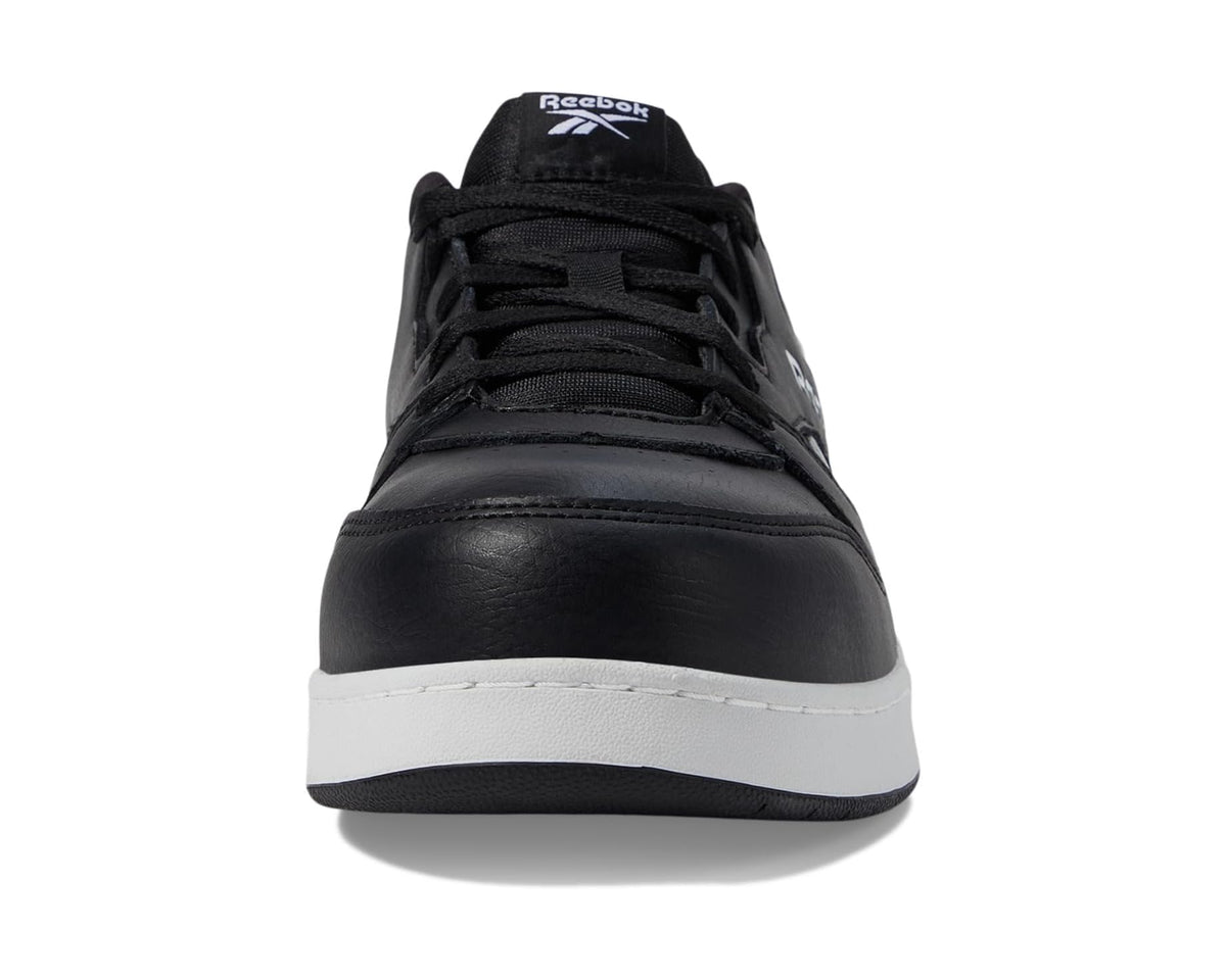Black lace-up sneaker front view with Reebok tongue logo and white midsole