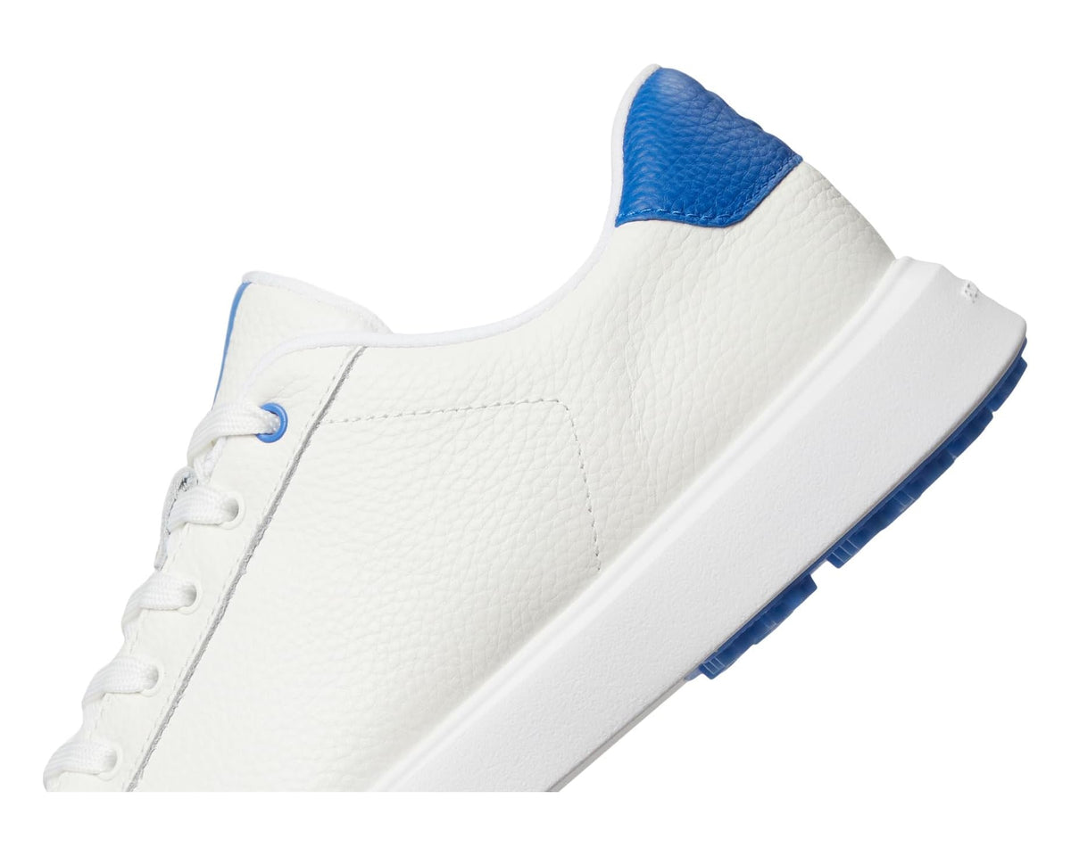Men's leather hybrid course shoes, white leather side with blue heel patch