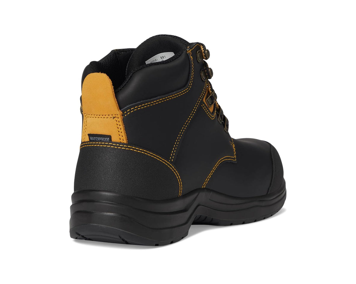 Black men's work boot with tan heel collar panel and thick rubber sole