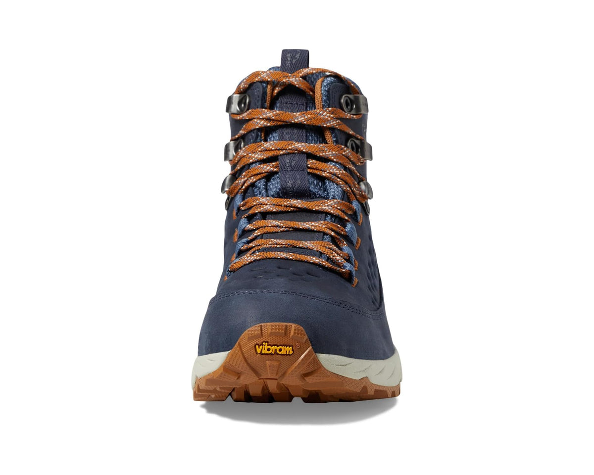 Carbon navy mid hiker boot with orange laces, eyelets, and cushioned collar