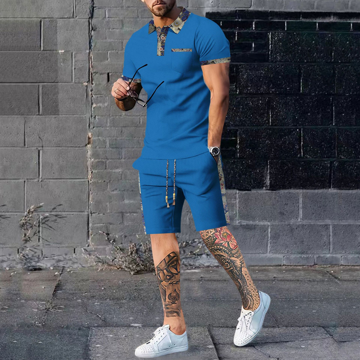 Men's blue polo shirt and matching shorts set, short sleeves, button placket, drawstring