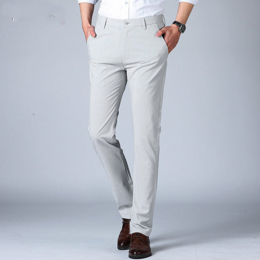 Men's thin dress pants in light gray, belt loops, button closure, straight leg
