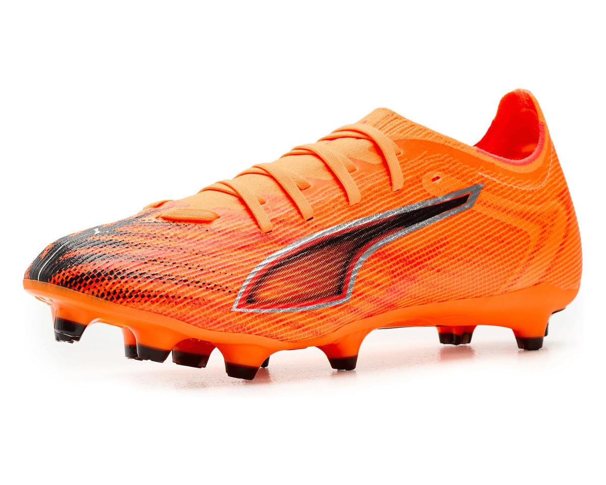 PUMA men's soccer cleat in orange with black graphic, firm ground studs