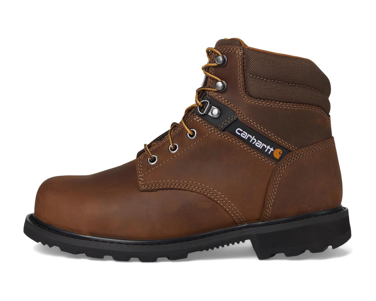Brown leather lace-up work boot with Carhartt logo heel pull and padded ankle collar