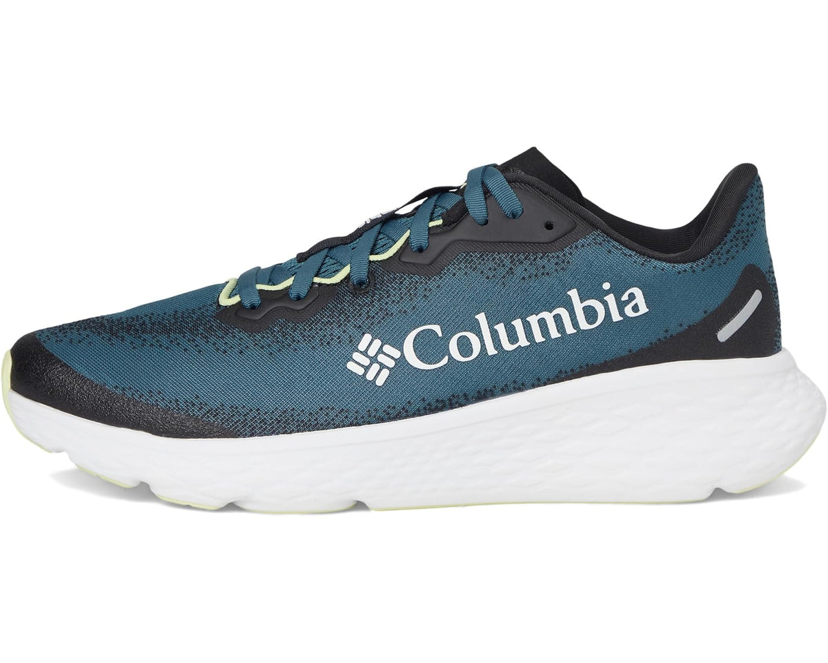 Men's lightweight running shoes in teal blue knit with Columbia logo, white midsole