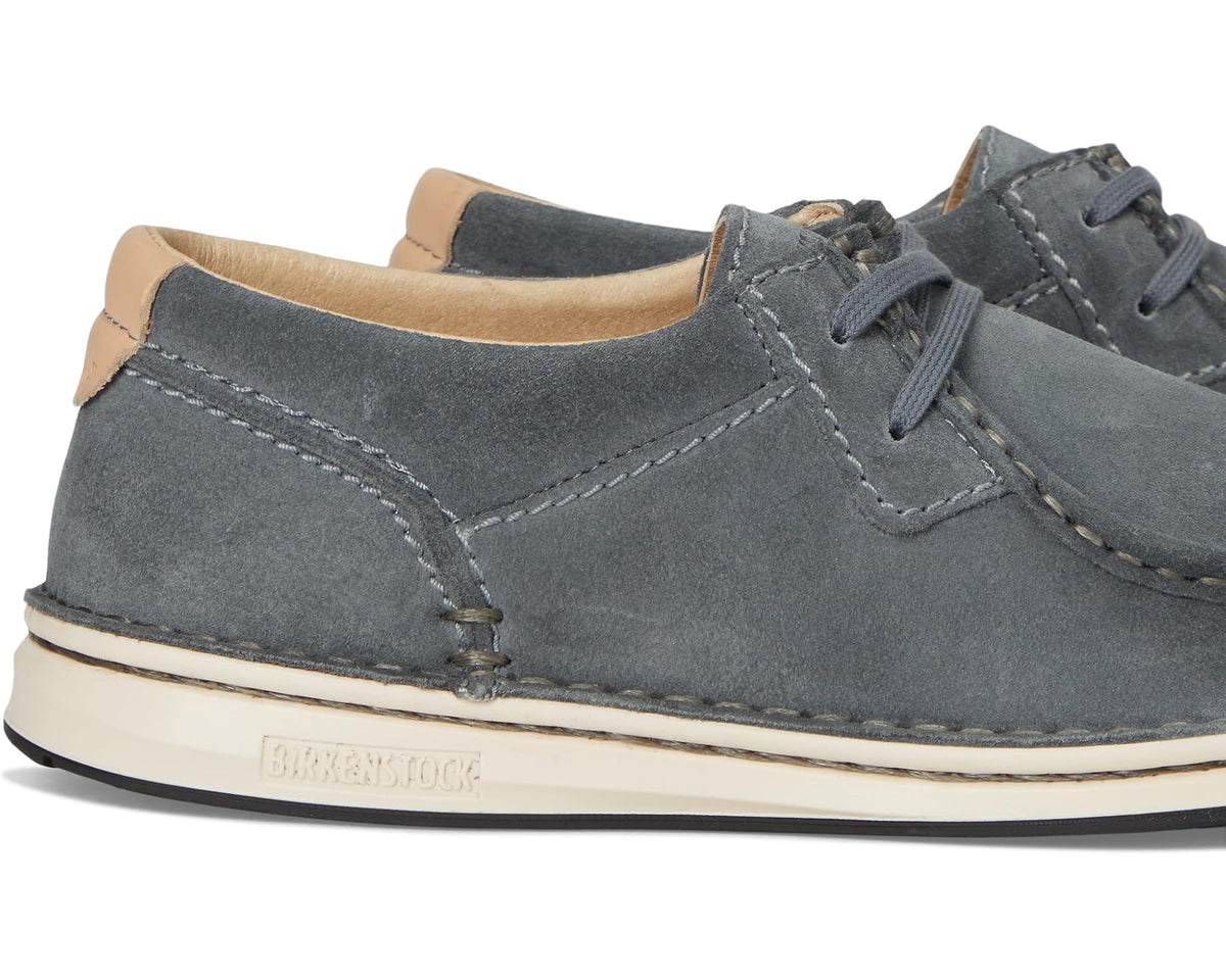 Men's Birkenstock suede lace-up shoes, quarter view showing laces and tan insole