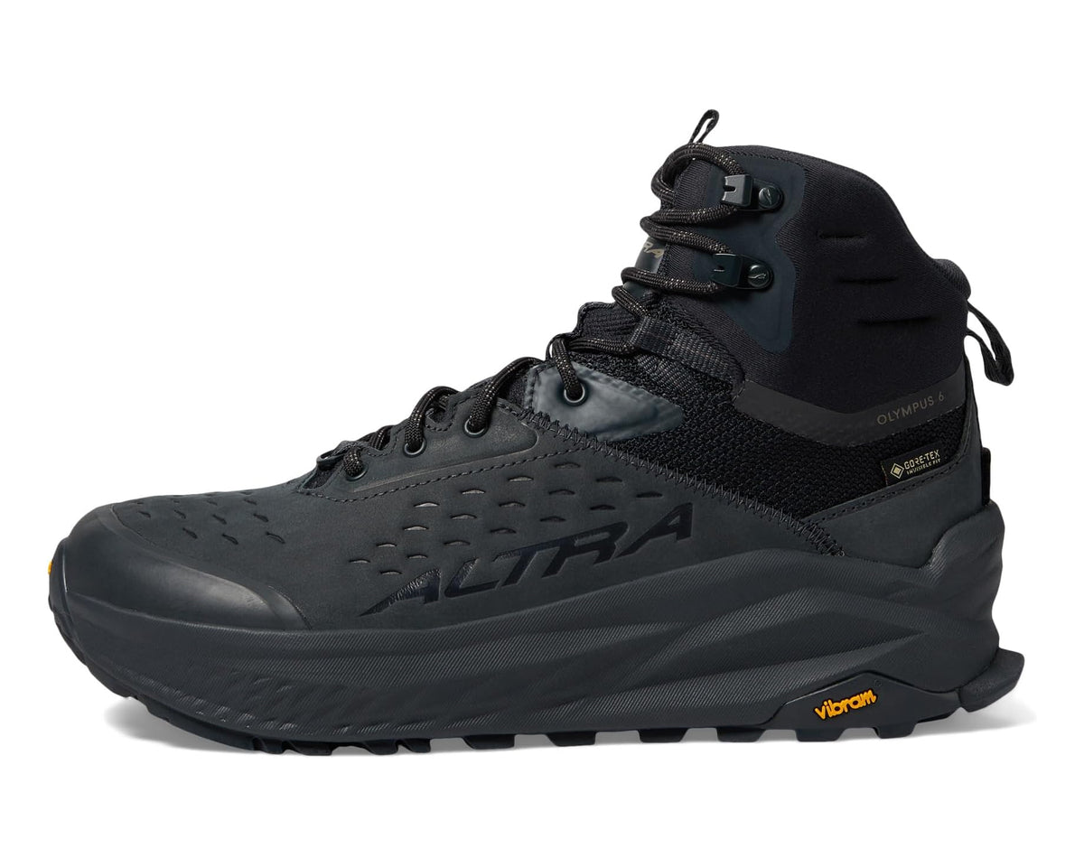 Men's black mid hiking boot with lace closure, side vent details, rubber sole