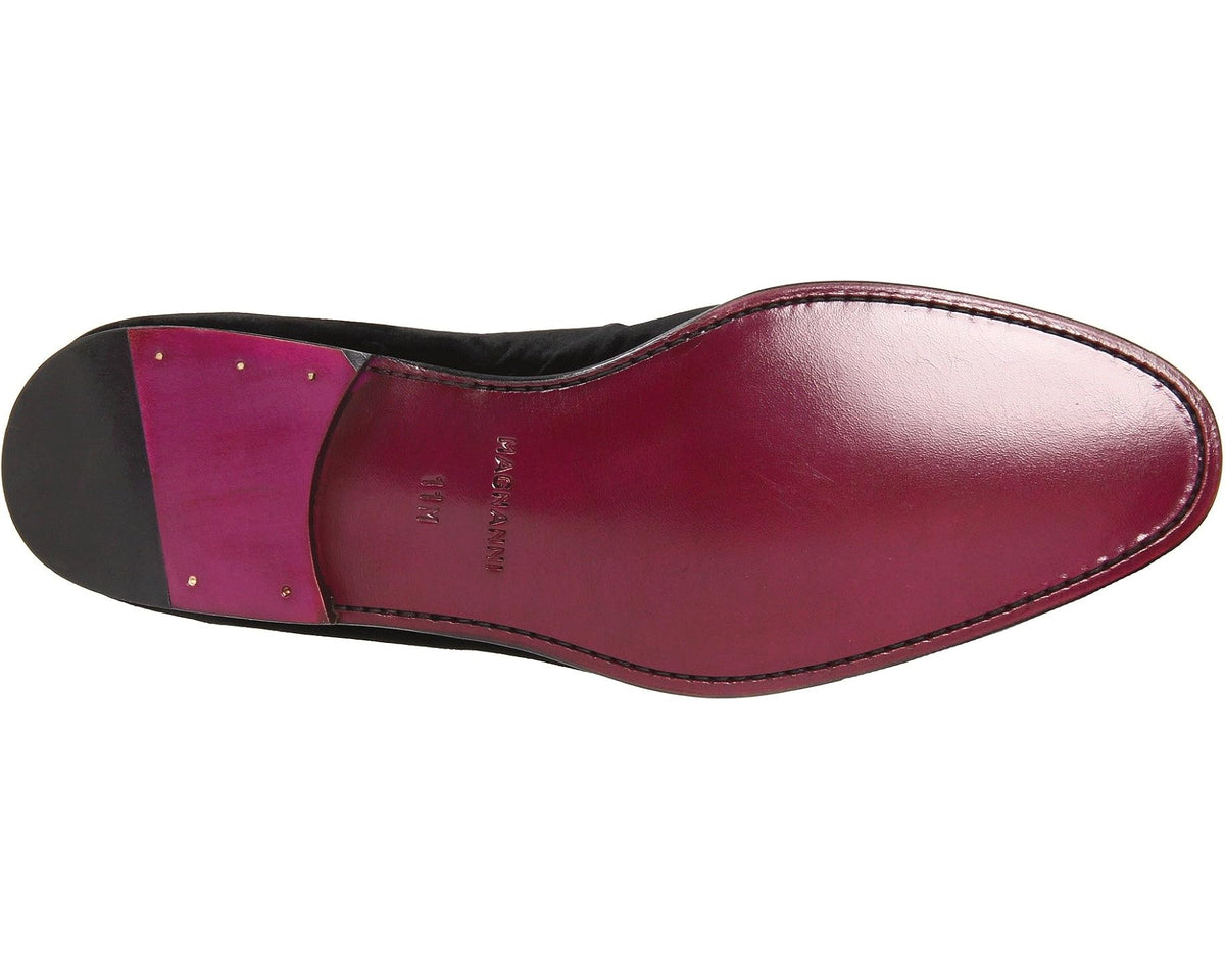 Black outsole with burgundy interior and moc toe suede upper