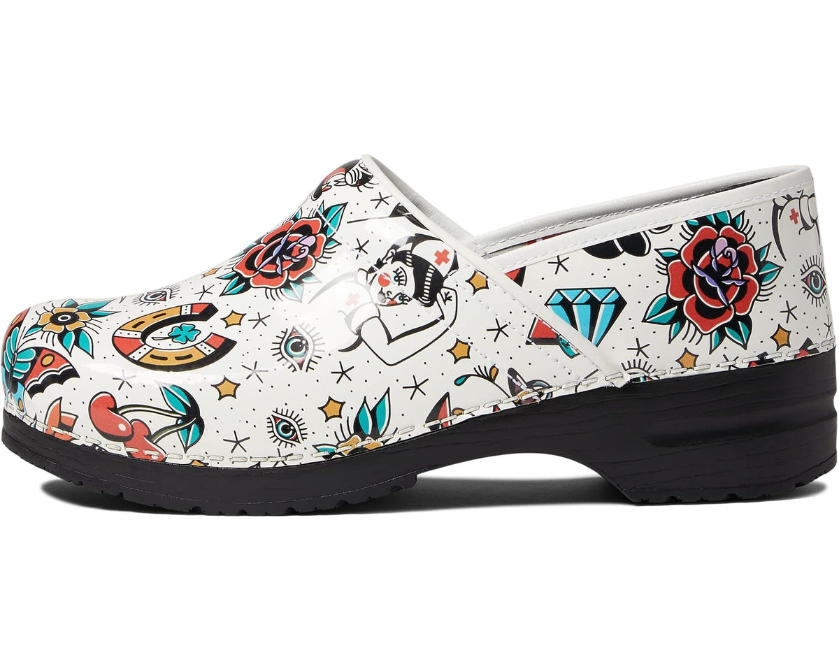 White slip-on clog shoe with colorful rose and diamond graphics and black sole