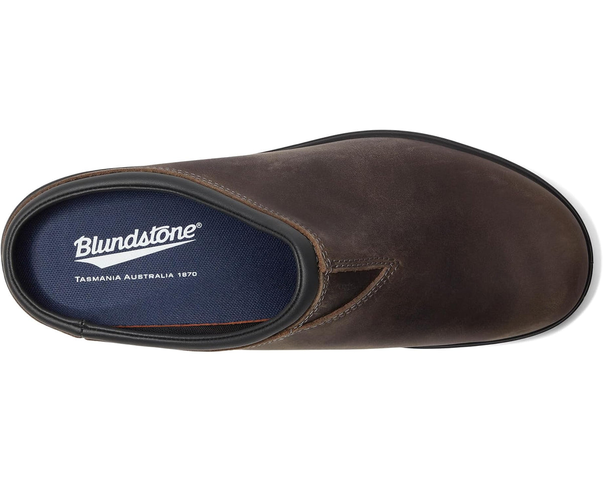 Slip-on clog: dark brown upper with navy insole and cushioned footbed