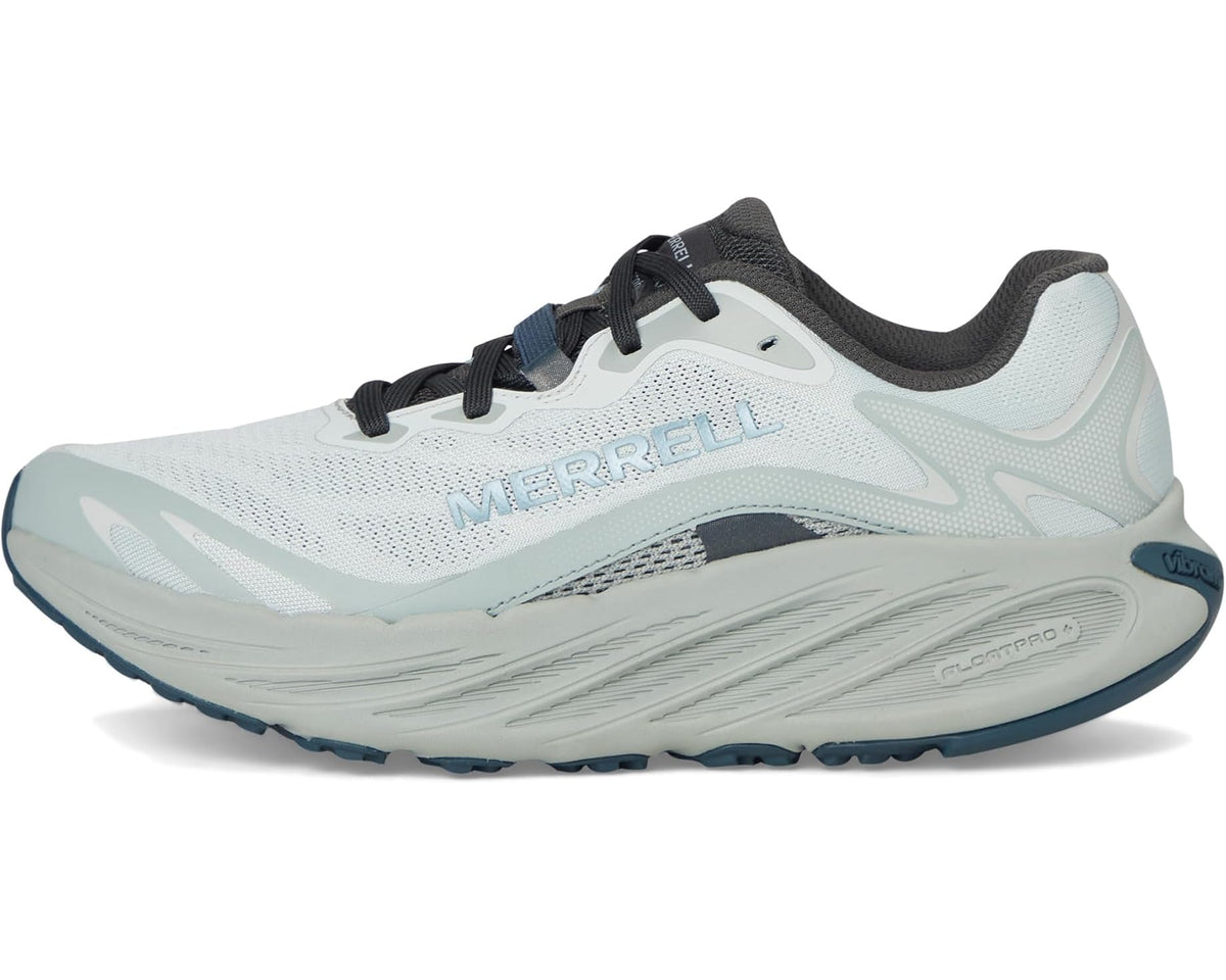 Light blue and white Merrell men's running shoe, black laces, side logo detail