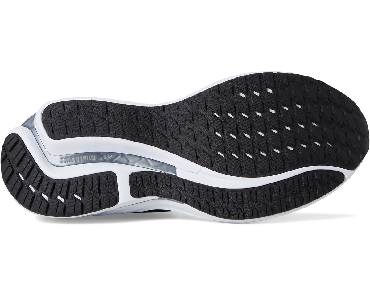 Men's Mizuno running shoe outsole with dark tread and white midsole edge
