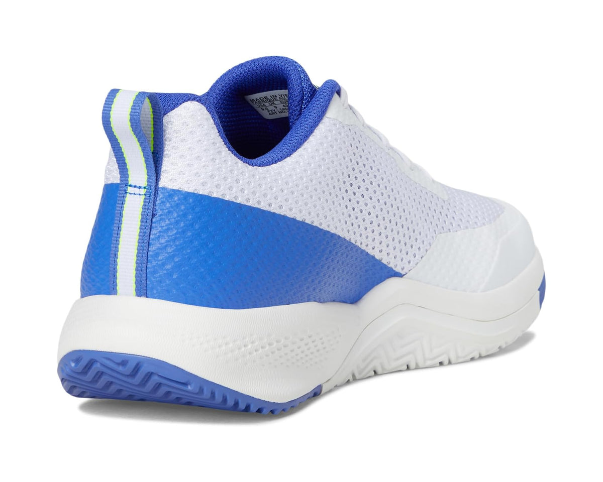 Men's white and blue running shoe heel with cushioned collar and side stripes