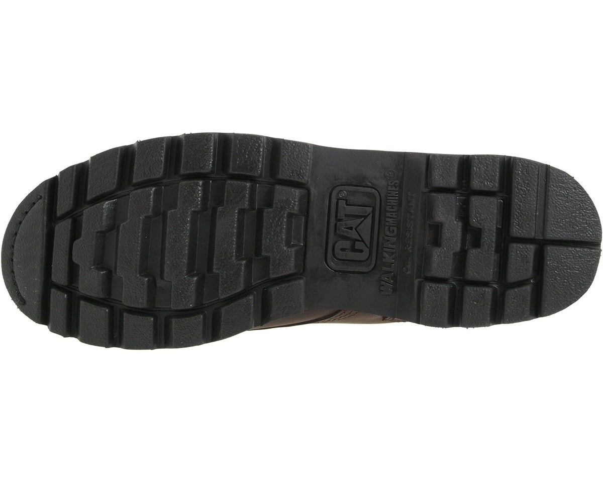 Rubber tread outsole of dark brown leather work boot with CAT logo