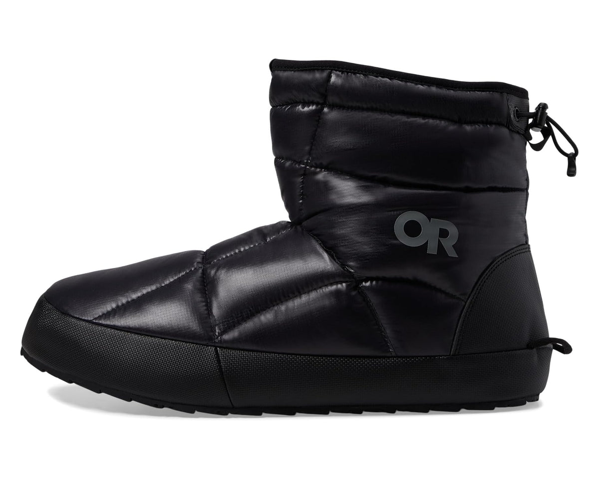 Black puffer bootie with drawstring top and OR logo on the side