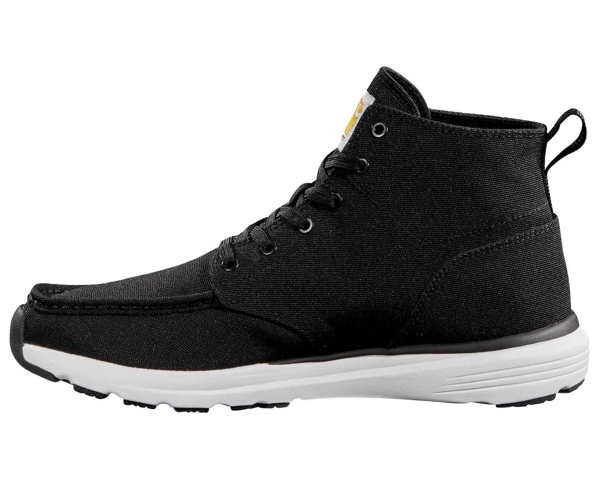 Men's black canvas chukka boot with moc toe and lace-up design