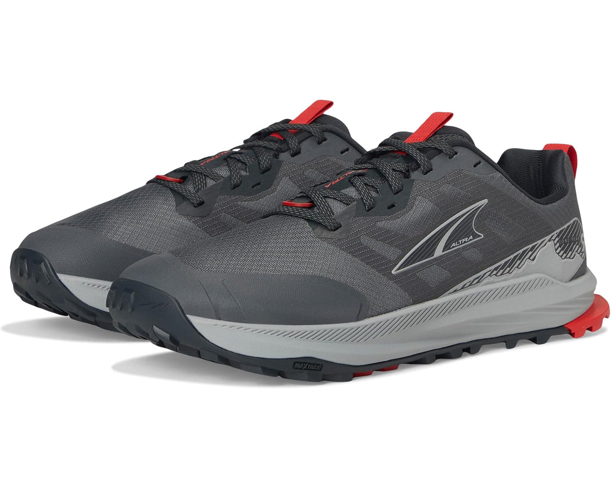 Altra Lone Peak 9 men's trail shoe in dark gray with red laces and accents