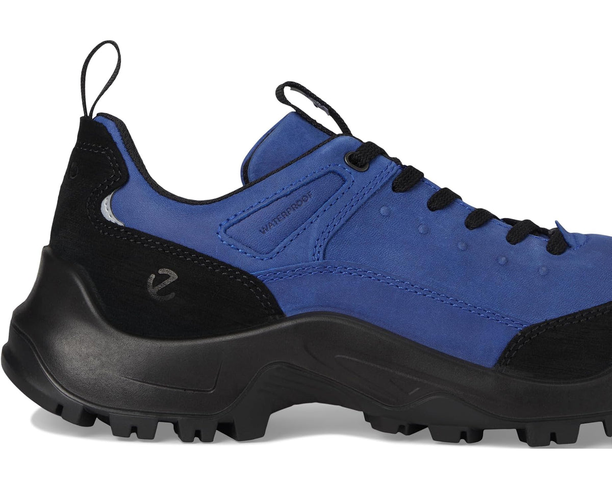 Blue and black hiking shoe with lace-up closure, textured panels, chunky sole