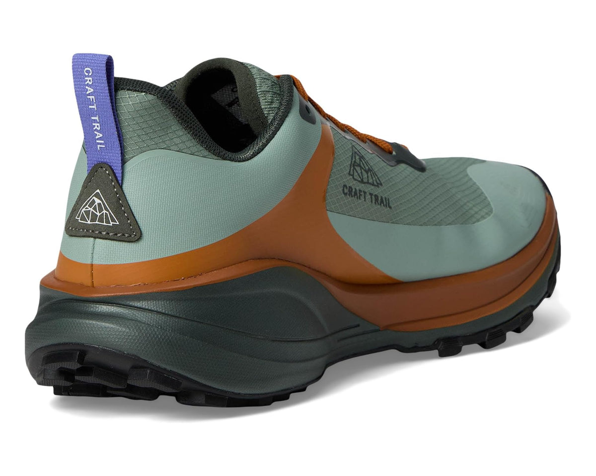 Men's trail shoe heel with teal fabric, orange accents, and fabric pull tab