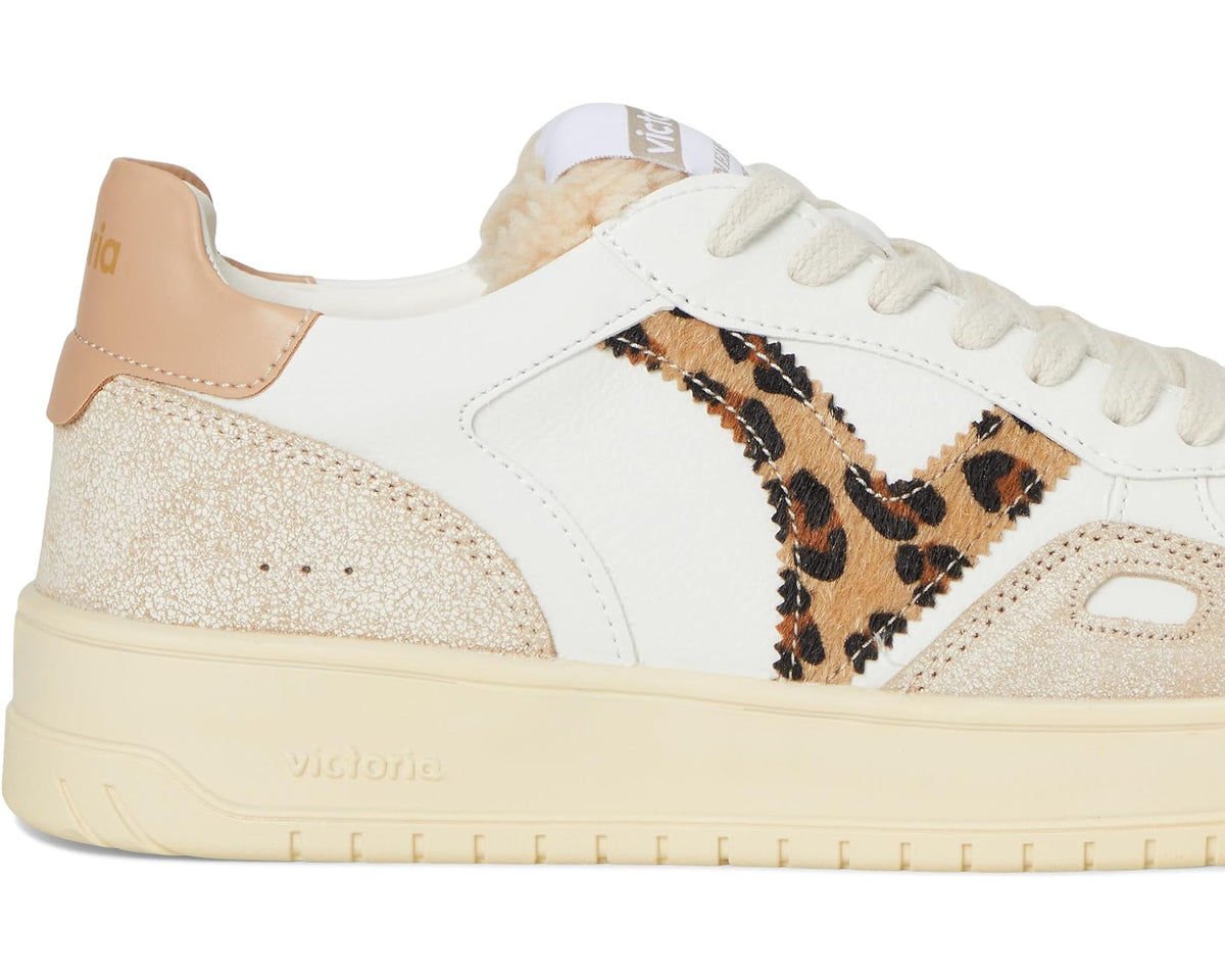Unisex low-top sneakers side view, white uppers with leopard stripe and speckled camel