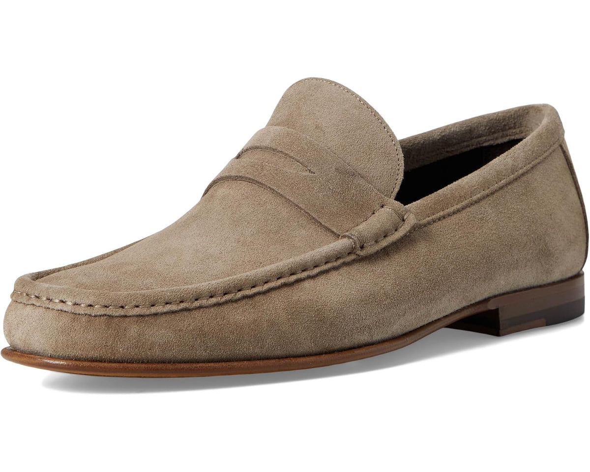 Taupe suede slip-on loafer with moc toe and low heel