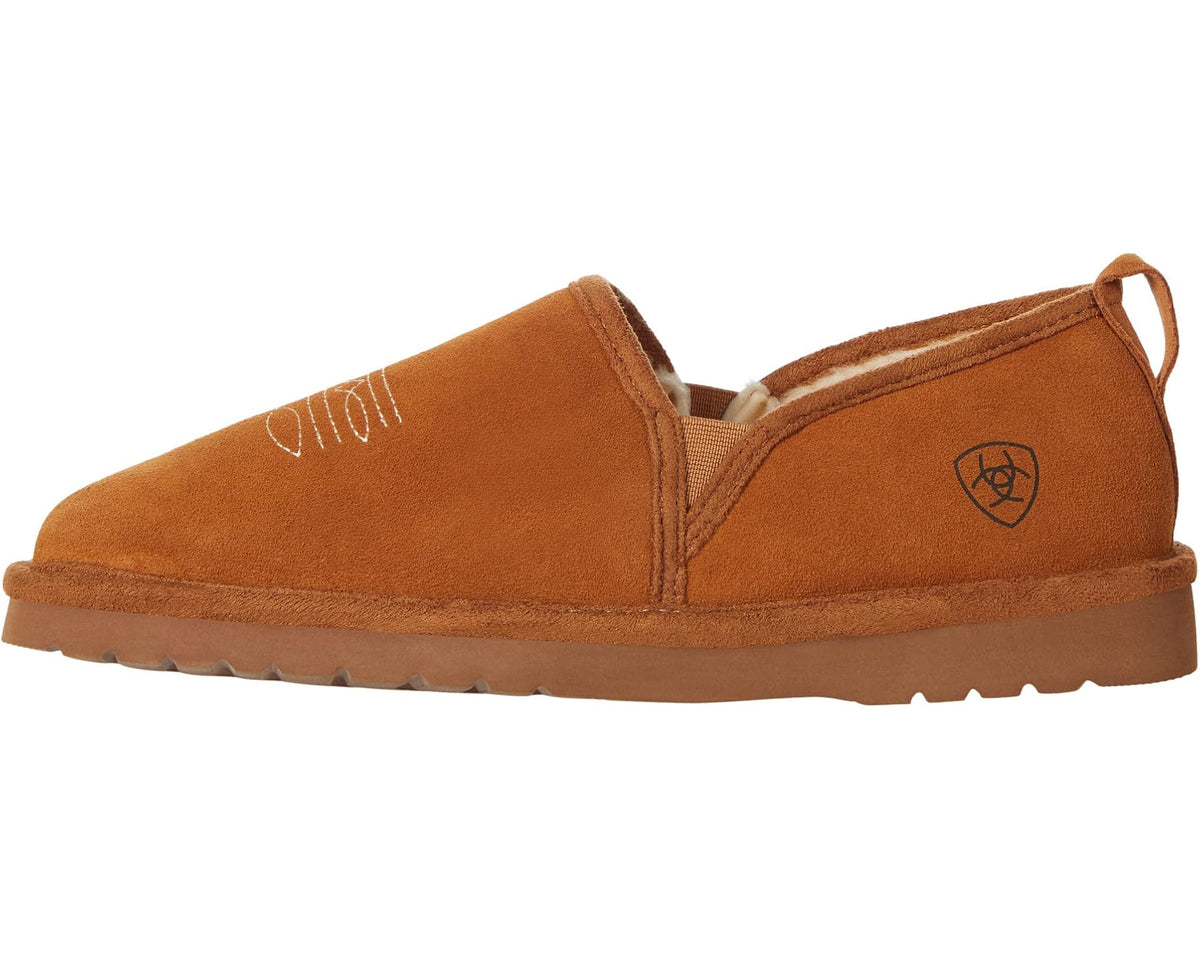 Ariat Lasso suede slip-on shoes in chestnut, front side view with stitched logo