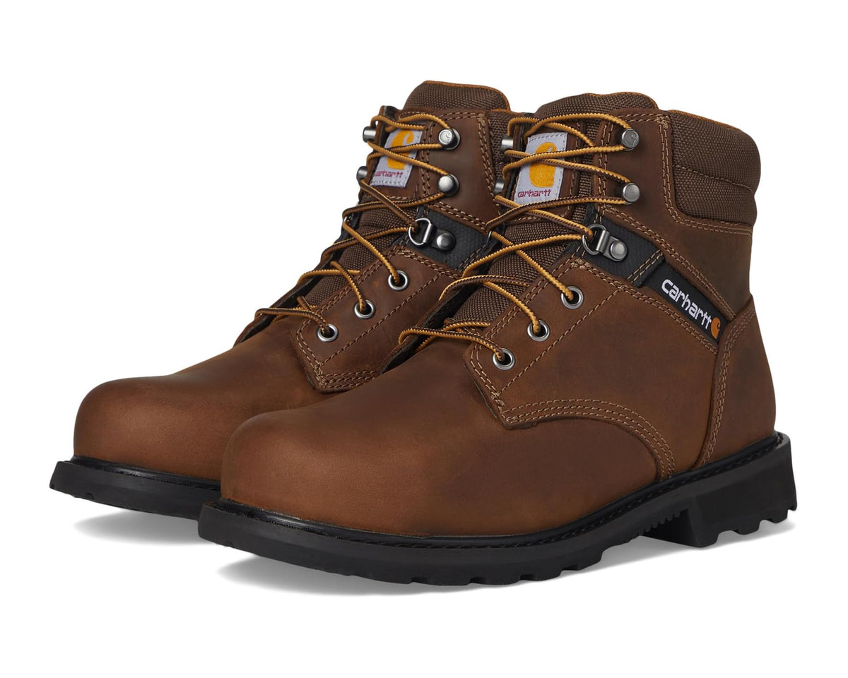 Brown leather work boot with lace-up front, Carhartt logo patch, black rubber sole