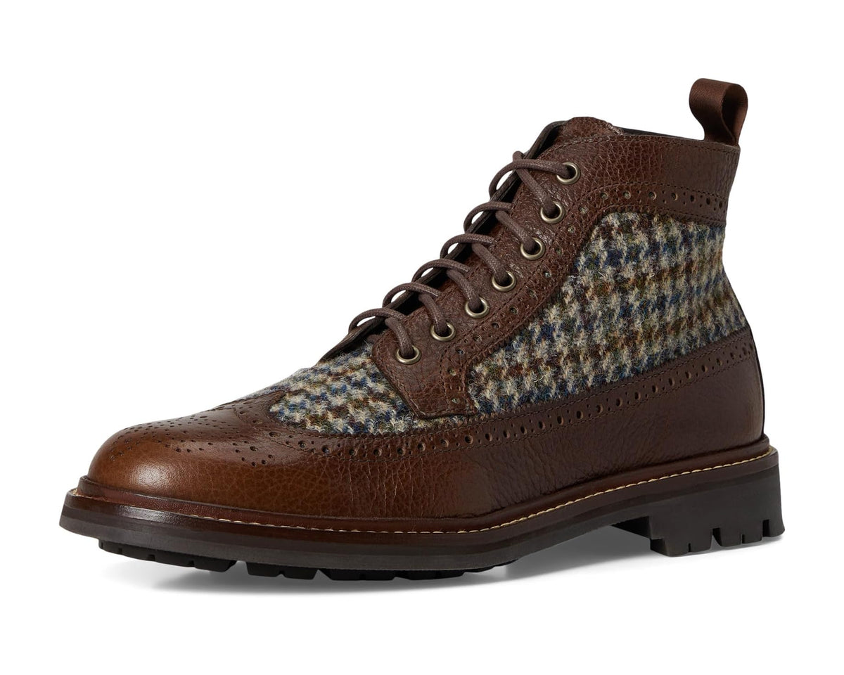 Side view of men's chocolate brown lace-up ankle boots with tweed panel
