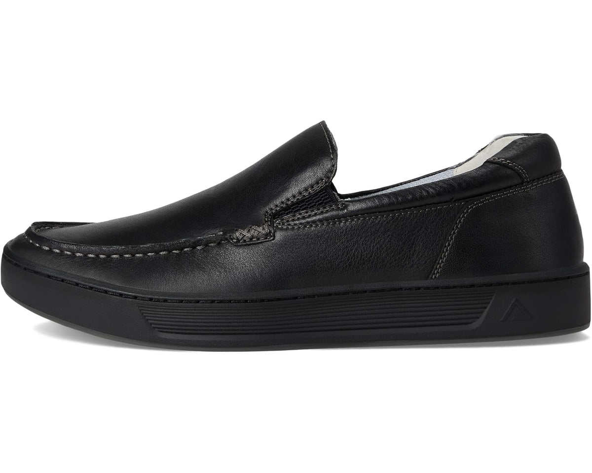Black slip-on loafer side view with strap detail and ridged sole