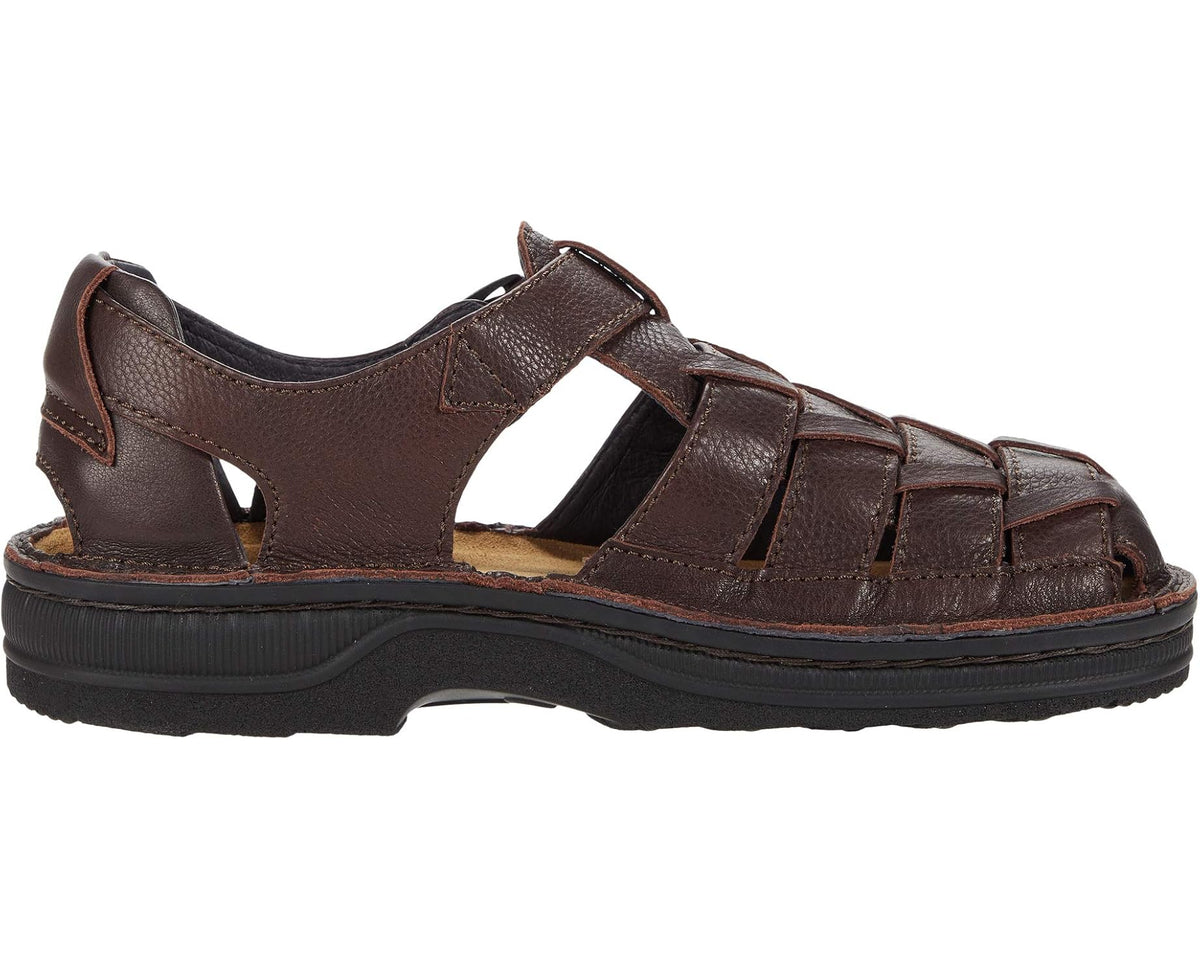 Naot Julius men's brown leather sandal, side view with multiple strap rows and buckles