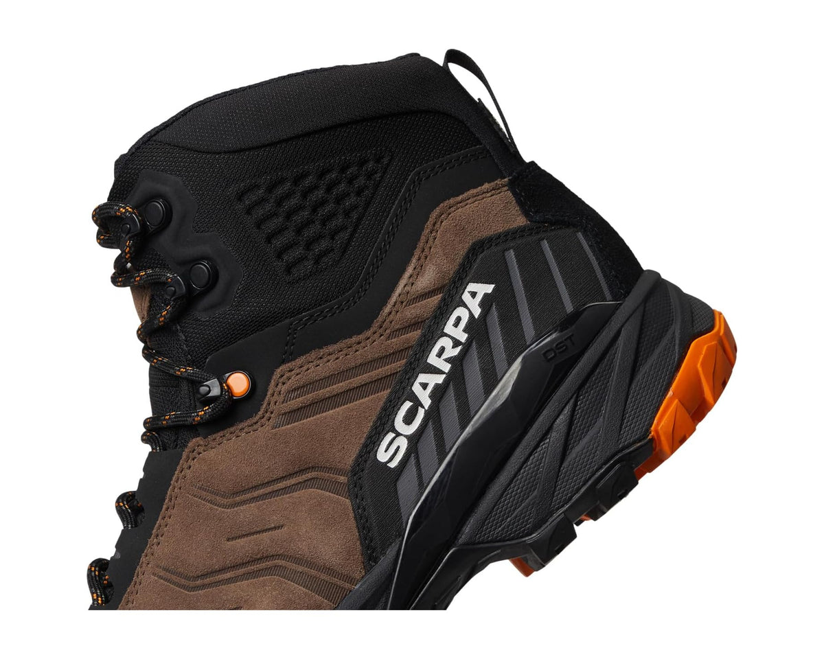 Men's Scarpa boot close-up side view with black overlay, brown panels, and orange detail