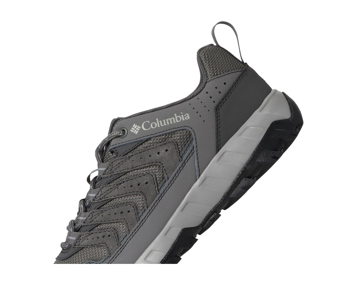 Side view of charcoal Columbia trail sneaker with lace-up front and chunky midsole