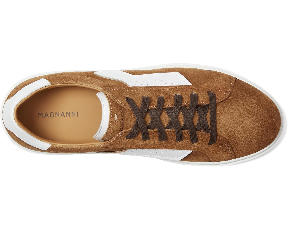 Men's suede lace-up sneakers, cognac with white heel tab and logo-printed insole