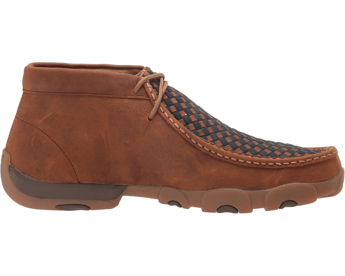 Men's chukka boot profile in oiled saddle brown with woven midnight blue side and rubber sole
