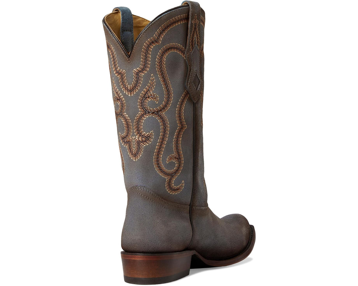 Men's cowboy boots angled rear view with tan embroidery and dark blue shaft