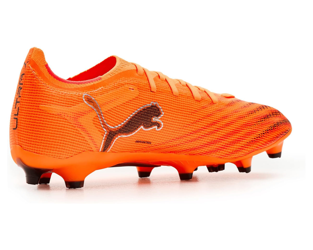 PUMA men's soccer cleat in orange with black logo stripe and molded studs