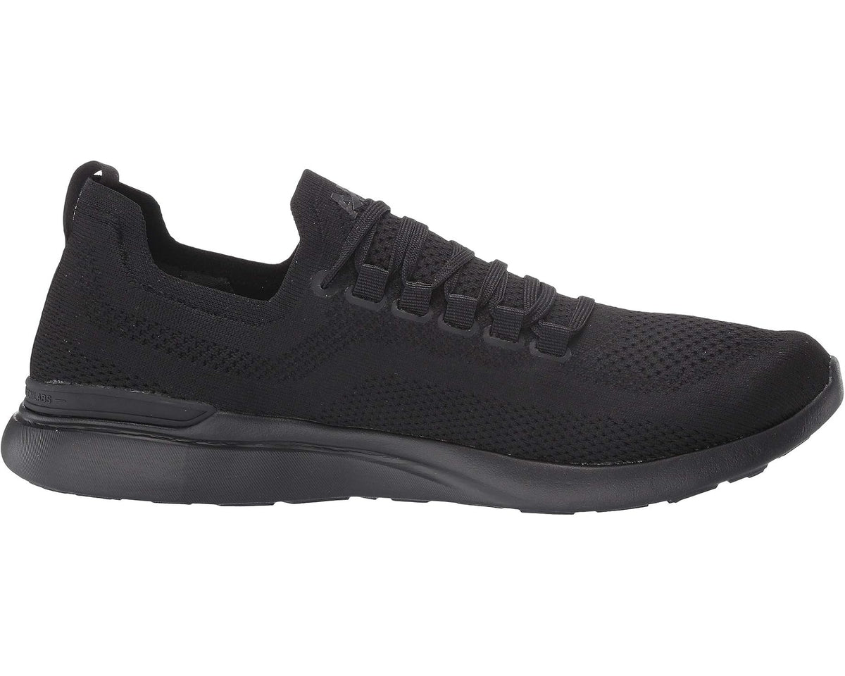 Black athletic sneakers profile view with ventilated knit texture and lace loops