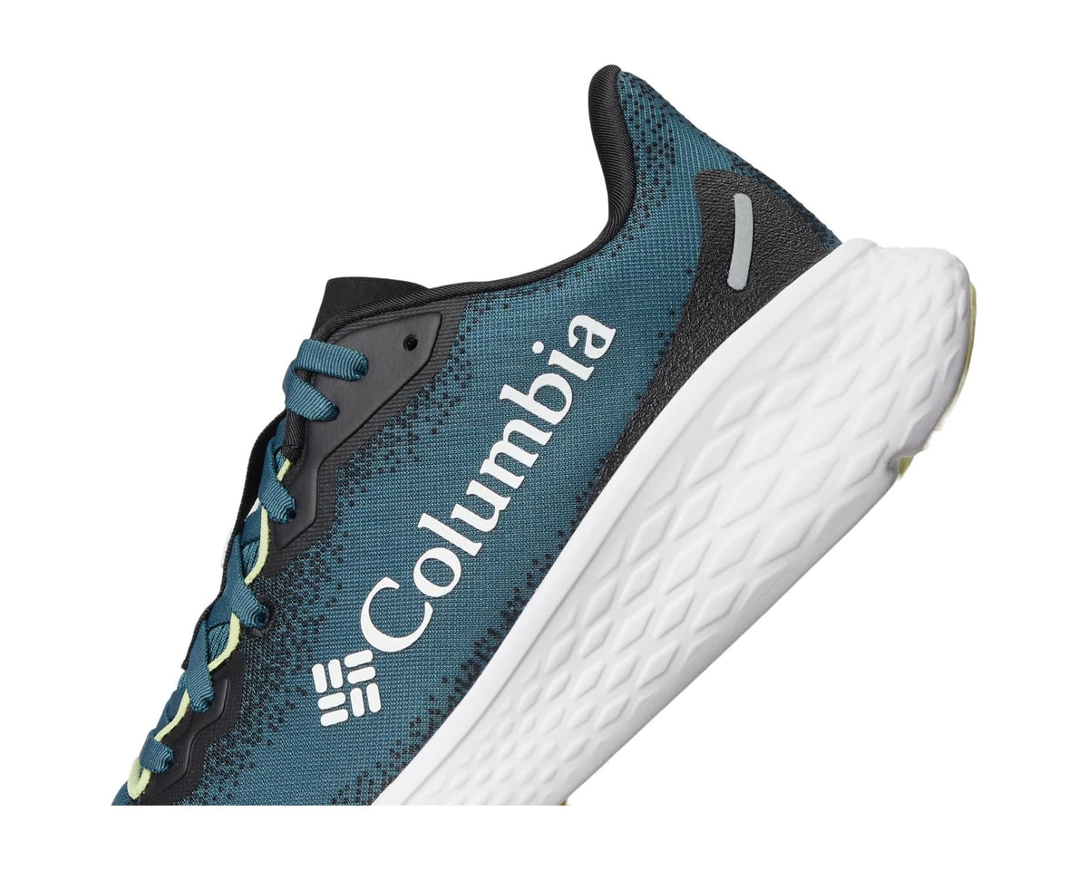 Men's lightweight running shoes side view, teal blue with Columbia branding, white outsole