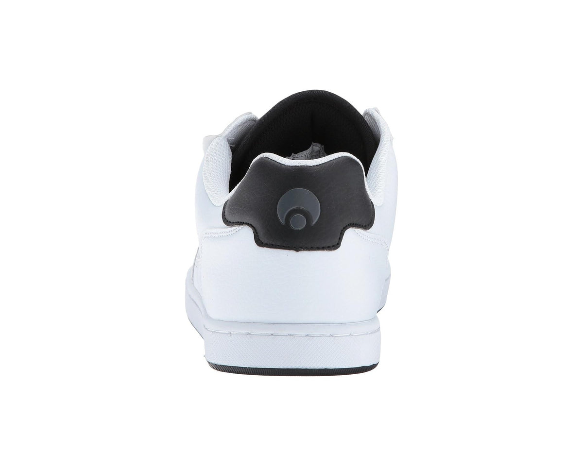 White sneakers with black heel collar and cushioned back panel