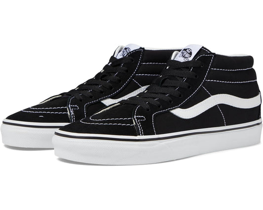 Unisex black mid-top sneakers with white stripe and black laces