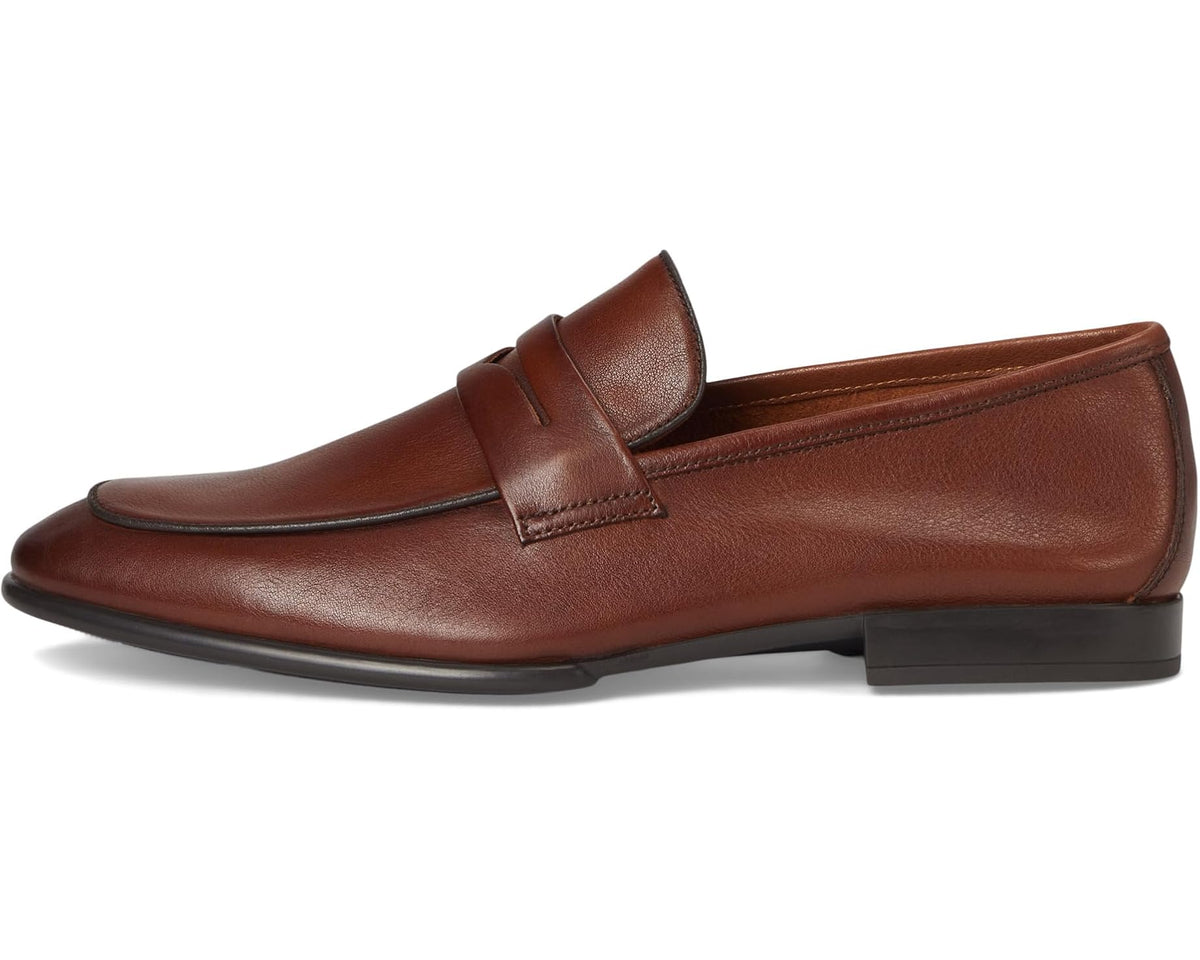Men's leather loafer in dark tan/brown, side view with slip-on strap and low block heel