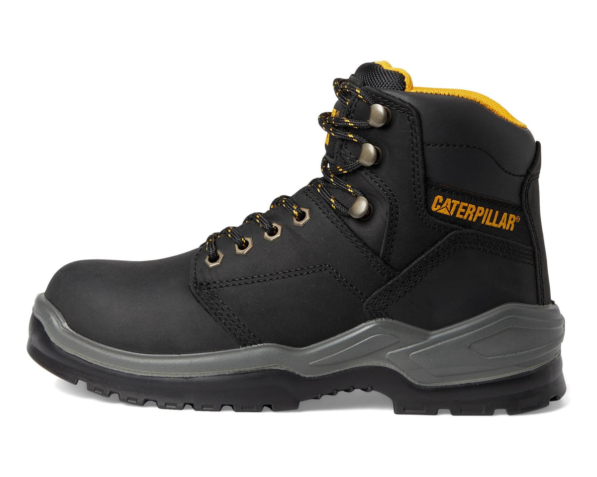 Men's black lace-up work boot with CATERPILLAR logo on side shaft