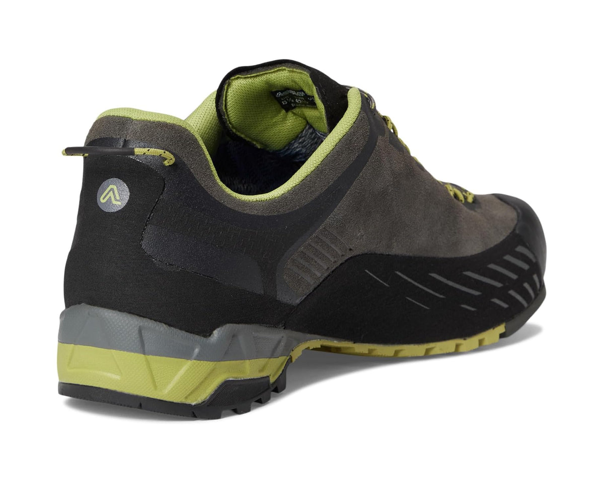 Men's trail shoe heel, dark gray upper with lime-green collar and lace loops