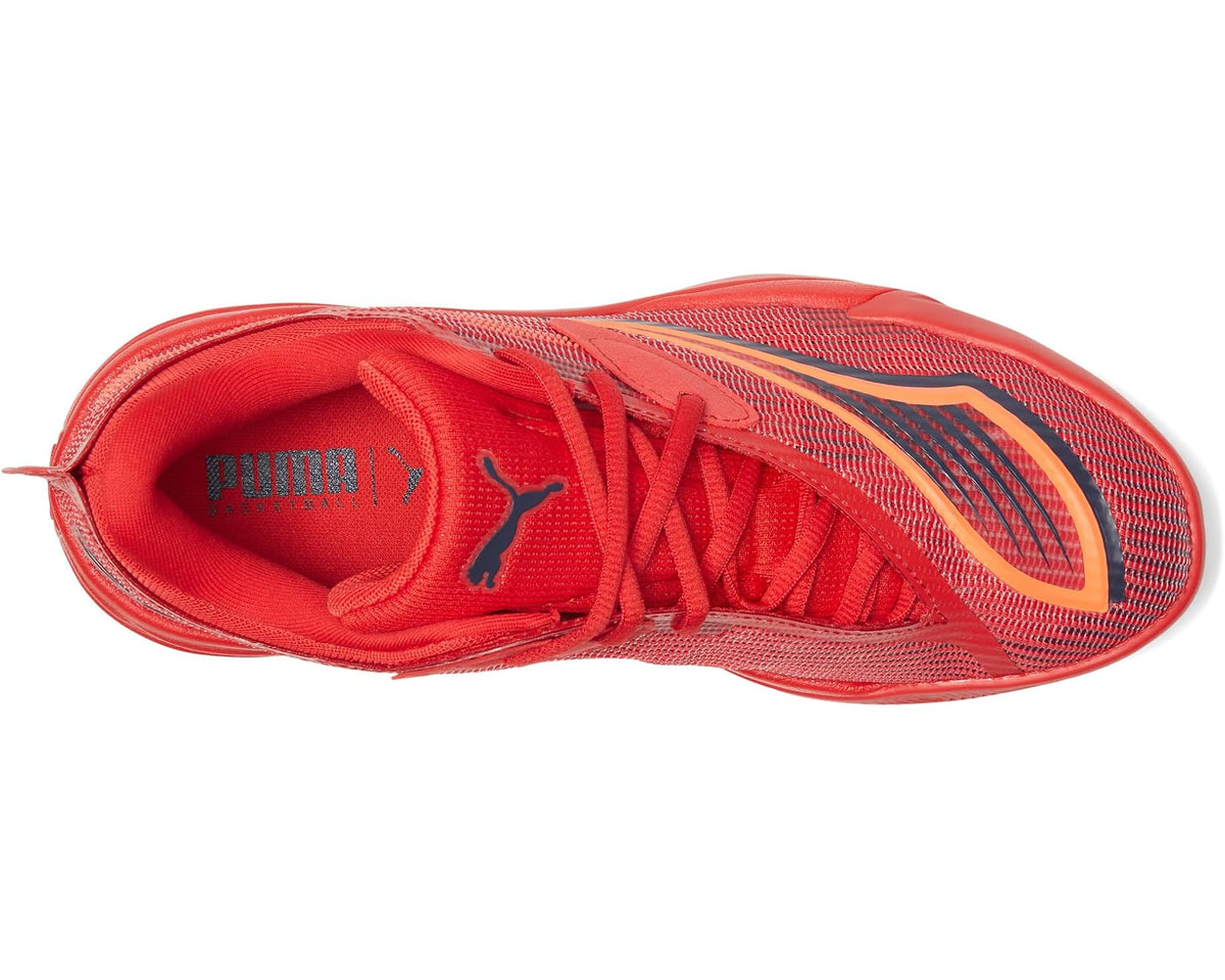 Red knit sneaker with laces, cushioned collar, and PUMA logo on the tongue