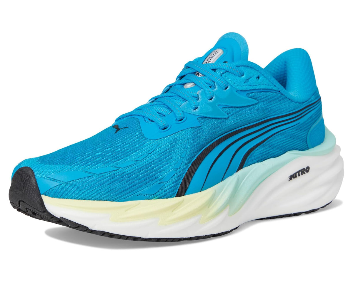 Blue running shoes front three-quarter view, lace-up with black heel tab