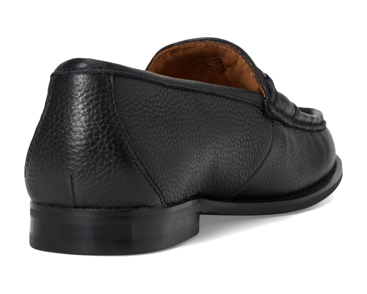 Men's black leather loafer heel and back seam with tan insole