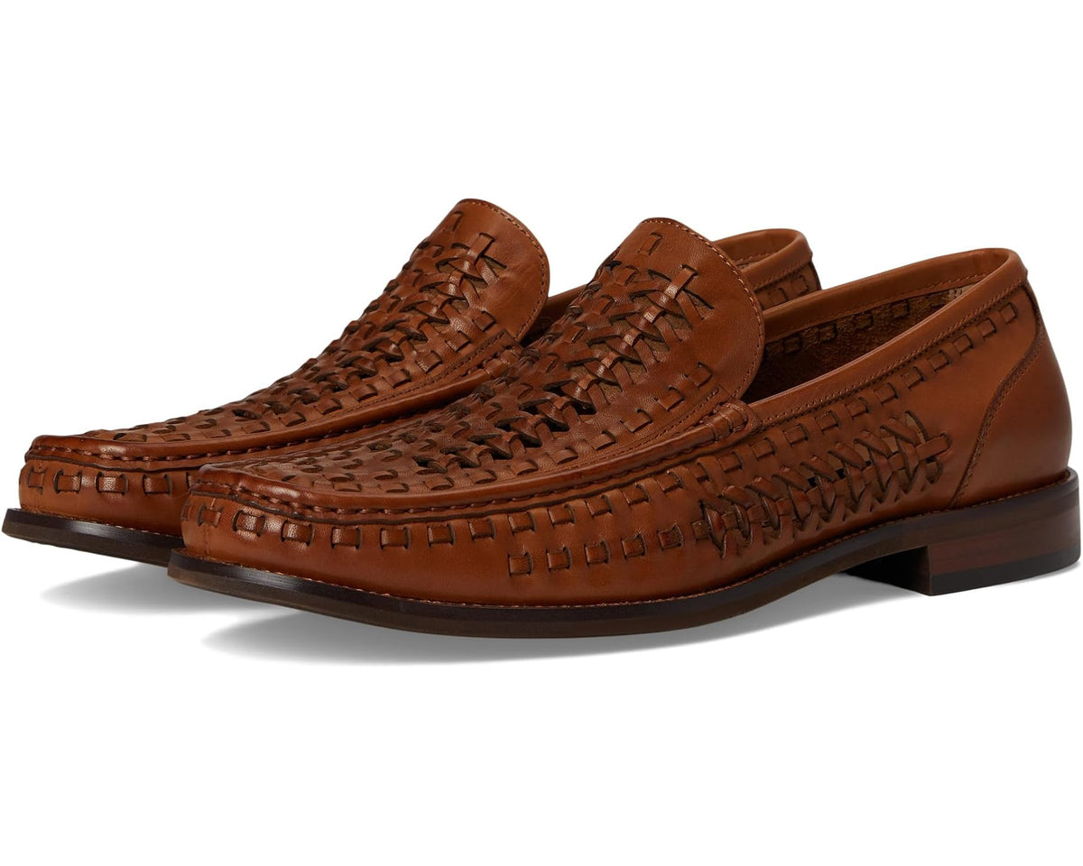 Men's leather penny loafer with woven stitch detail in cognac brown