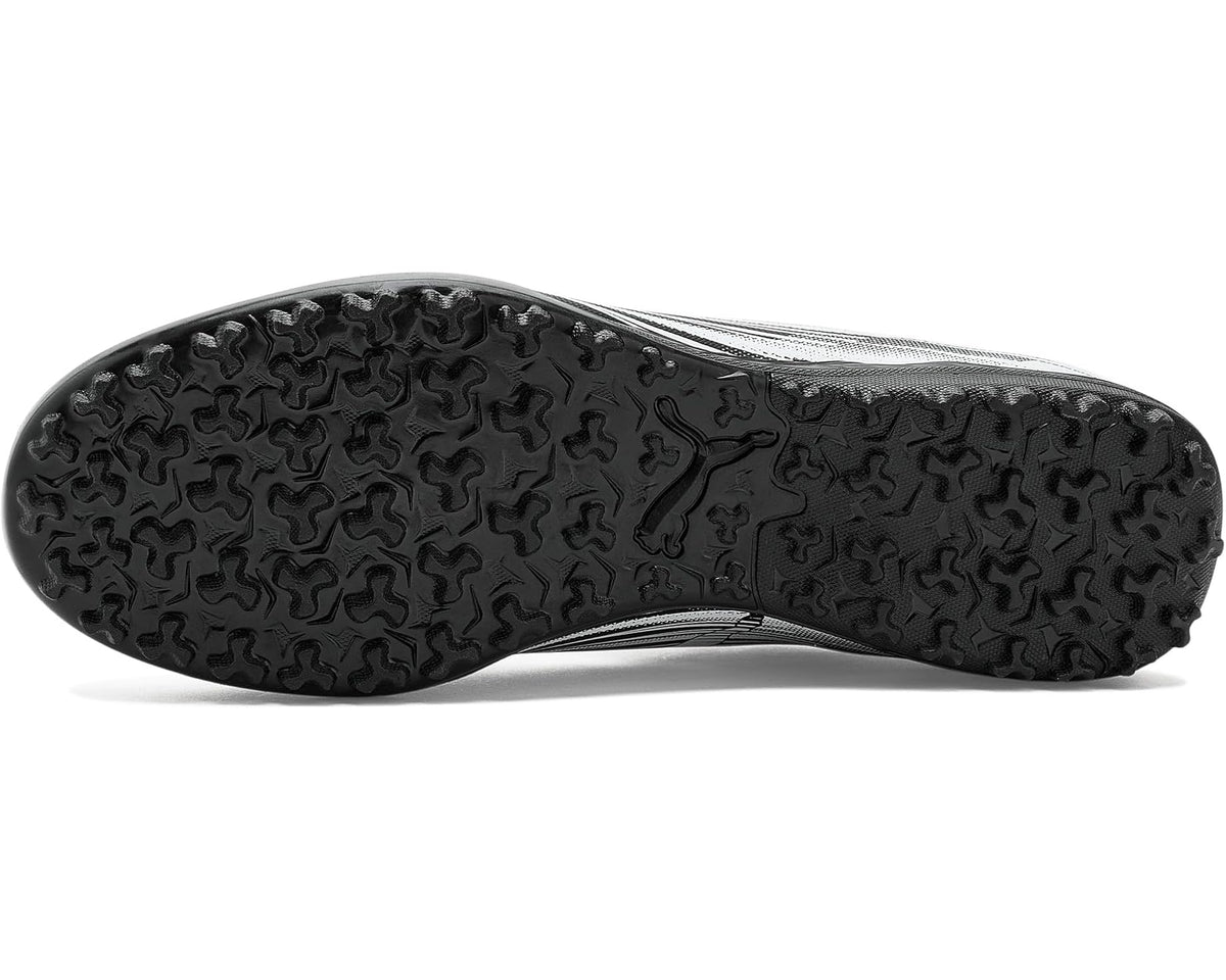 Black rubber turf outsole with textured stud pattern for soccer training cleats